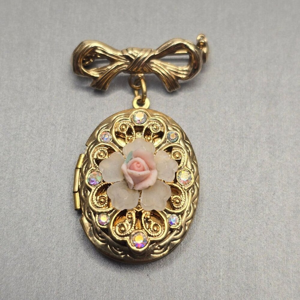 VTG Victorian Revival Gold-Tone Bow & Floral Locket Brooch 1.75" AB Rhinestones - Picture 1 of 11